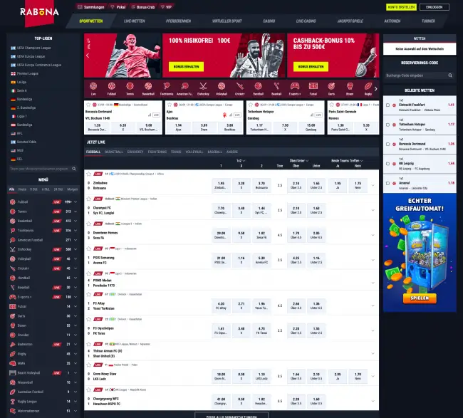 Rabona Website Screenshot im Bereich Sportwetten